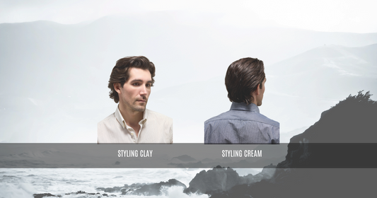 Comparrison of model wearing styling clay on the left and styling cream on the right both BEACON styling products. The styling clay is showing volume and matte finish while the clay is showing light hold light shine